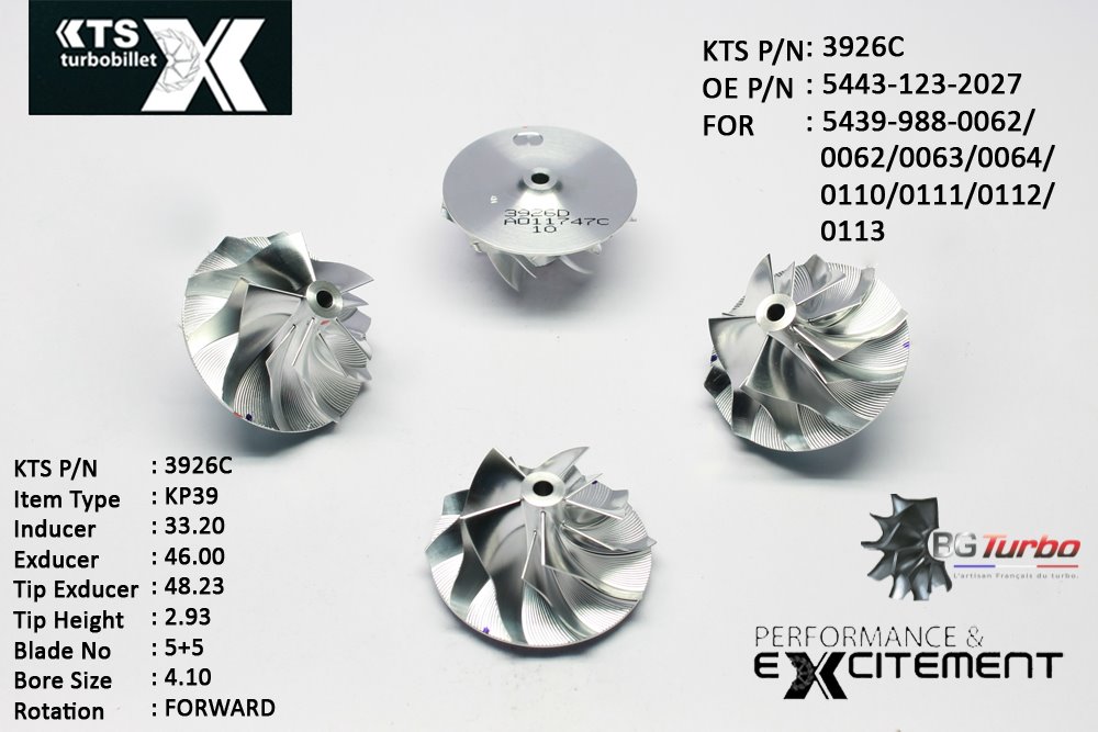 Turbo ROUE FORGÉE MFS PERFORMANCE - 5+5 PALES - INDUCER : 33,2 - EXDUCER : 46 - TYPE : KP39ANGLE : 40° - ROTATION : Forward - SUPER BACK : 2,81 - BORE SIZE : 4,1
